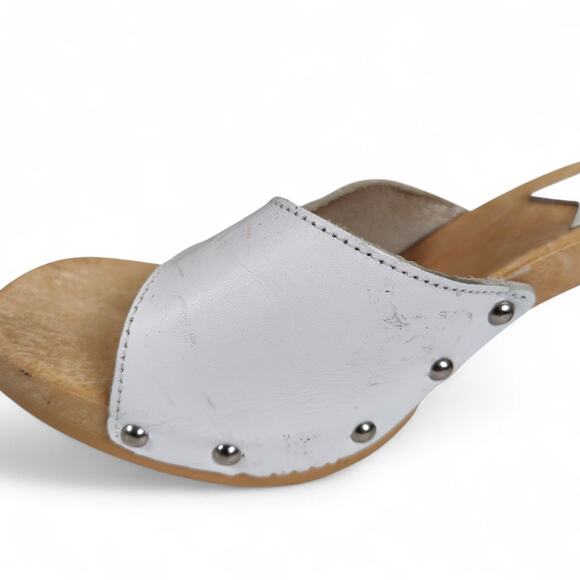 Vintage 1980s Candies White Leather Wooden Platform Mules Heels Sandals Studded - Picture 3 of 13